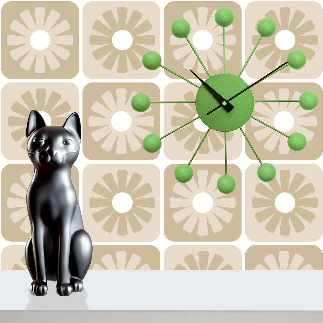 An abstract composition featuring irregular, rounded shapes in vibrant colors. The main colors include bright green, lime green, turquoise, and dark blue, all separated by white, jagged outlines. The shapes overlap and intersect dynamically, forming an energetic and playful pattern. The overall texture has a fabric-like appearance with subtle horizontal and vertical lines running through the colors.